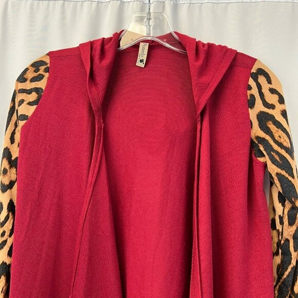 Pomelo Women’s Open Front Hooded Cardigan Red/Multi Animal Print Sleeves L - Picture 2 of 9